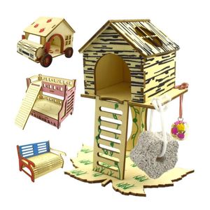 Pequeno animal Suprimentos Pet Rato Hamster Casa de campo Ninho Caso de cama de dormir Caso Escalada Ladder Mini Hideout Slide De Madeira DIY Montar Hut