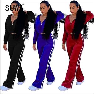 Wholesale Jogger Suit For Women 2 Piece Matching Sets Long Sleeve Jacket Top High Waist Wide Leg Pants Trousers Casual Home Wear 210525