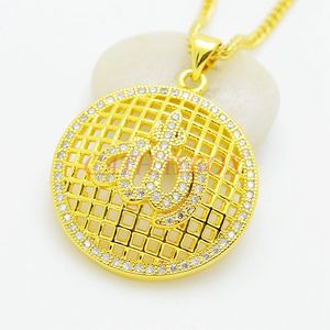 Women's 18KGP Gold Tone Islamic God CZ Round Pendant Necklace W/ Curb Chain Gift For Muslim Necklaces