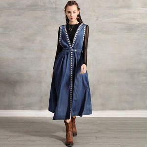 Johnature Vintage Kadın Giyim Sonbahar Denim Elbise Iki Parçalı Set Nakış Gevşek Balıkçı Yaka Eğlence Kadın Elbiseler 210521