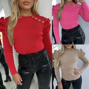 Rüschen Langarm Knopf dünner Pullover Frühling dünne elastische OL O Neck Tops Frauen Pull Vintage Blusas rote Damen Tops Femme 210507