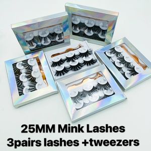 25mm mink falska ögonfransar dramatiska långa wispies fluffy 5d 3 par fransar tjocka faux cils med en tweezer i silver laser box packning 6 stilar för alternativ 20 uppsättningar mycket