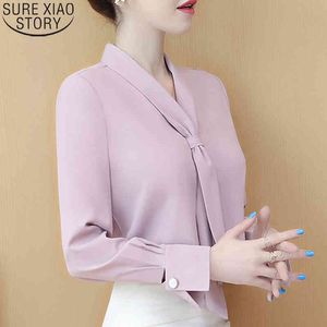 Office Lady Bow Tie Blouse Women Autumn Long Sleeve White Chiffon Shirt Womens Tops and Blouses V-neck Shirts Blusas 10876 210417