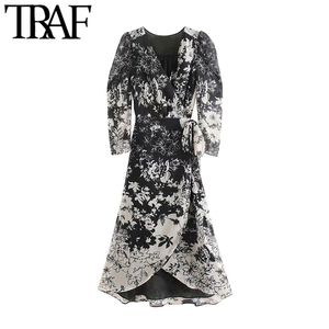 Women Elegant Fashion Floral Print Wrap Maxi Dress Vintage Long Sleeve Bow Tie Sashes Female Dresses Vestidos 210507