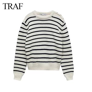 TRAF Spring and Autumn Women's Sweater Pullover Long Sleeve Round Neck Ladies Stripe Printed Knit Fashion Retro Casual Wear 211103