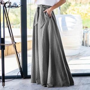 Skirts Celmia Women High Waist Long Vintage Plaid Belted Ruffles 2021 Casual Loose Pleated Side Zipper Buttoms Mujer