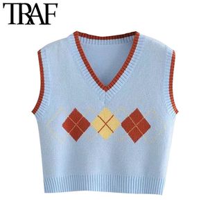 TRAF Women Sweet Fashion Argyle Patchwork Cropped Knitted Vest Sweater Vintage Sleeveless Female Waistcoat Chic Tops 210415