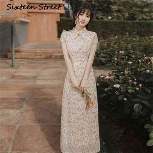 女性のドレスエレガントな中華風ミッドカーフチャイナ島花のプリントシフォン半袖ミディパーティーセクシーな夏210603