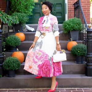 Etnik Giyim Vintage Papyon Pembe Gömlek Elbise Kadın 2021 Zarif Baskı Uzun Kollu Pileli Bayan Sonbahar Moda Parti Doğum Günü Elbiseler