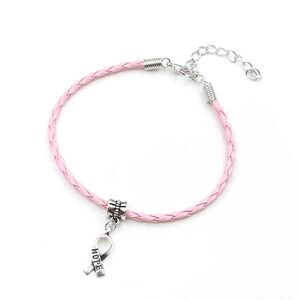 50pcs Hope Breast Cancer Awareness Ribbon Charm Pendant Leather Rope Cham Fit for European Bracelet Handmade Craft DIY