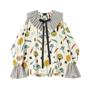 コロバフ韓国のシックな女性の格子縞のブラウスの新しいフレアスリーブピーターパン襟の女性のシャツシングルブレストスイートブルサスマザー210430