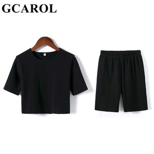 Gcarol Summer Women'Sets 2 PCSセクシースポーツTシャツと自転車ショーツレギンスランニングフィットネスヨガストレッチティーボディービルパンツ210707