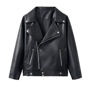 Womens Loose PU Faux Leather Jacket Spring Autumn Moto Biker Jackets Turan Down Collar Basic Black Coat Outerwear