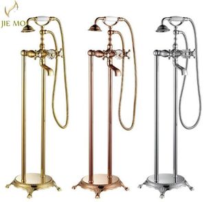 Bathroom Golden Floor Stand Faucet Telephone Type Bath Shower Mixer Brass Set Luxury Bathtub Tap JM5821 Sets