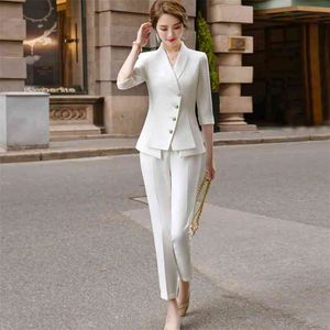 Alta Qualidade Casual Mulheres Terno Calças Dois Pedaço Conjunto Verão Elegante Senhoras Branco Blazer Jaqueta Vestuário Business 210709