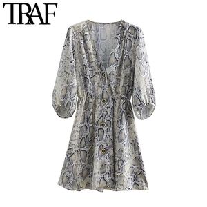 Women Sexy Snake Print Pleated Mini Dress Vintage Fashion Three Quarter Sleeves Animal Pattern Dresses Vestidos Mujer 210507