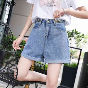 Lyzcr shorts jeans femininos com senhoras de cintura alta verão larga perna denim curto botão casual solto 210714