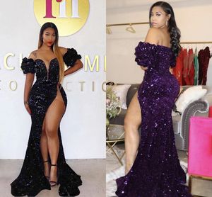 Dark Purple Sequined Evening Dresses Mermaid Sexy Off Shoulder Short Sleeves Plus Size Women Party Gowns Sweep Train High Slit Vestidos De Festa Prom Dress AL9569