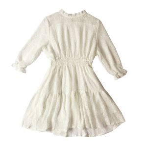 Women Elegant Beige Stand Collar Lace Ruched Elastic Waist Empire Half Sleeve Short Mini Dress Summer D2455 210514