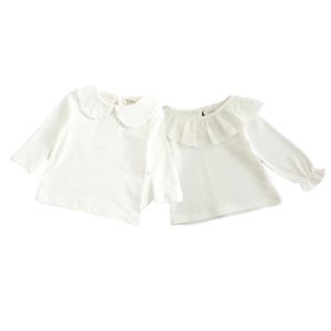 Neugeborenes Baby Weißes T-Shirt Säugling Kinder Mädchen Langarm Baumwolle Bluse Tops T-Shirts Baby Weiße Rüschen Kleinkind Colthes 210413