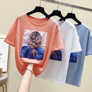 Poleras Mujer De Moda Print Sequins T Shirt Women Tshirt Female Summer Tops T- Korean Fashion Cotton Tee Femme 210615