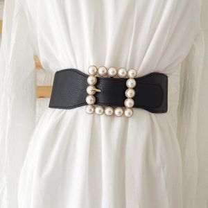 Belts Big Pearl Gold Square Buckle Waistbands Lady All Match Punk White Stretch Black Wide Waist Seal Women Skirt Wedding Dress