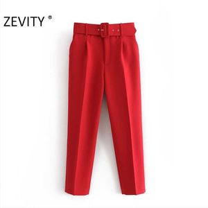 Kadınlar Şeker Renk Pantolon Kırmızı Pembe Renk Chic Sashes Iş Pantolon Kadın Sahte Fermuar Pantalones Mujer Pantolon P953 210603