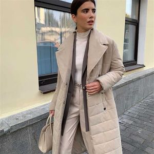 Yiyiyouni Autumn Winter Belted Long Cotton Padded Jackets Women Covered Buttons Casual Outerwear Thick Parkas Female Snow Coat 211216