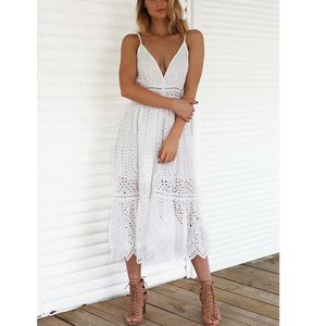Summer Women White Lace Long Spaghetti Strap Ricamo Sexy Maxi Tunica Beach Dress 210415
