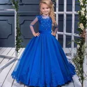 New Royal Blue Flower Girl Lace Appliqued Girls Pageant Tulle Party Dresses O-Neck For Holy Communion Girl Dresses