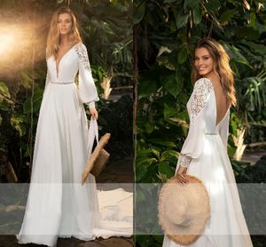 Fairy Chiffon Long Sleeve Bridal Dress Gelinlik 2021 V-Neck Modern beach Wedding Dress Sexy Women Boho Wedding Gowns