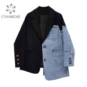 Women Vintage Fashion Blazer Denim Patchwork Jackets Autumn Winter Irregular Coat Long Sleeve Loose Korean Outerwear 210930