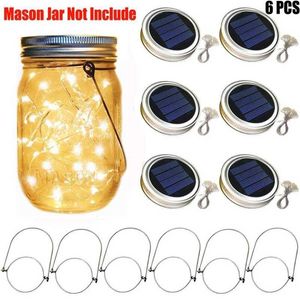 6x Słoneczna LED Wróżka Światła Odkryty Mason Jar Butelka Pokrywa Sznur Światła Led Garland Kolorowe Ślub Boże Narodzenie Garden Decor Lattern 211122