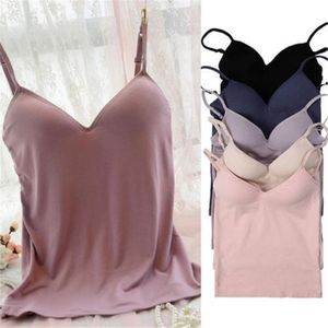 Tanque de sutiã acolchoado Mulheres Modal Spaghetti Cami Solid Cami Camisole feminina com roupas embutidas