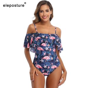 Sexig av axeln Badkläder Ruffle Baddräkt Print Monokini Plus Storlek Baddräkt Beachwear Swimming 210521