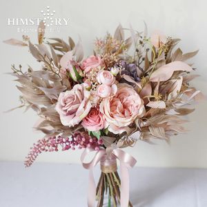 結婚式の花ヒムストーリーヴィンテージアーティフィカルダスティピンクブーケロマンチックペニーブライダルハンドメイドシルクローズブライドハンドホールディ