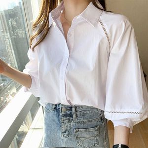 Koreanska Kvinnor Skjorta Chiffon Blouses För Lantern Sleeve T-shirts Toppar Kvinna Vit Patchwork Plus Storlek 210604