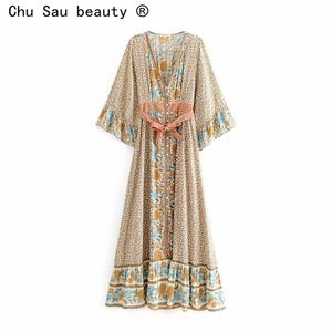 Moda Verão Mulheres Girassol Impressão Cintura Laço De Cintura Flared Sleeves Boho Long Maxi Dress Férias Beach 210514