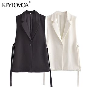 Kpytomoaの女性のファッションタブ付きシングルボタンウィストコートビンテージノースリーブサイドベント女性ベストコートシックベス210819