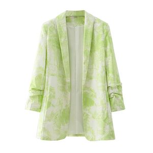 Kvinnor Tie-Dye Green Blazer Kvinna Tre Kvartär Ärme Elegant Jacka Damer Arbetskläder 210430