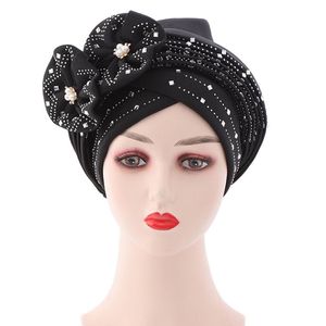 Beanie/Skull Caps HanXi Luxury Rhinestone Pearl African Hat Beanie Women Flower Auto Gele Headtie Lady Nigerian Turban Muslim Cap