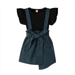 1-6Y Baby Girl Clothes Set Summer Fashion Black Top + Green Strap Dress Suit 2022 New Cotton Short Sleeve Children's Clothing G220217