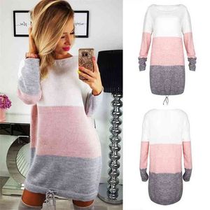 Mulheres vestido de grandes dimensões manga longa manga longa cardigan jumper solto casual rodada pescoço mini cor bloco de retalhos vestuário 210522