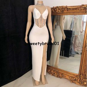 Designer White Spaghetti Straps Sexy Prom Dress Mermaid Side Slit Cocktail African Black Girls Short Evening Dresses For Party Night