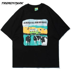 メンズTシャツ発泡印刷ミルク牛夏半袖ヒップホップ特大コットンカジュアル原宿ストリートウェアトップティーTシャツ210601