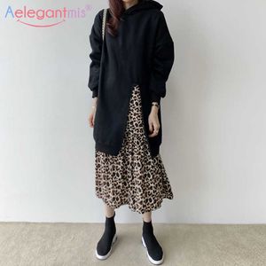 Aelegantmis Coreia Chic Falso Falso 2 Conjuntos Hoodies vestido vestido de retalhos leopard mulheres casual split encapuçado moletom feminino 210607