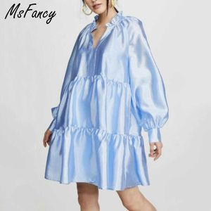 Msfancy Letnia Mini Dress Kobiety V-Neck Lampion Rękaw Vestidos de Mujer Casual Plus Size Robe 210604