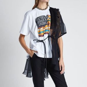 Fashion All-match Simple Vacation Leisure O-neck Pleated Tulle Stitching Drawstring Belt Printing T-shirt 16F1186 210510