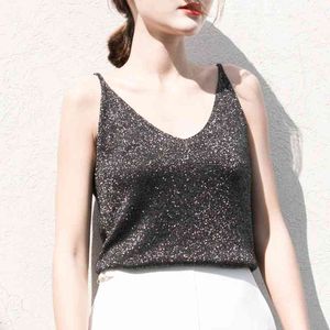 Wholesale 2pcs/lot Knitted Tank Tops Vest Sequined V Neck Sleeveless T-shirt Women Solid Camis Fitness shirt 210423