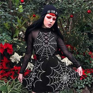 Czarny Slim Halloween Wysoka talia Sexy Halter Lace-Up Mini Dress Off Ramię Dress Gothic Hollow Halter Dress Y1006
